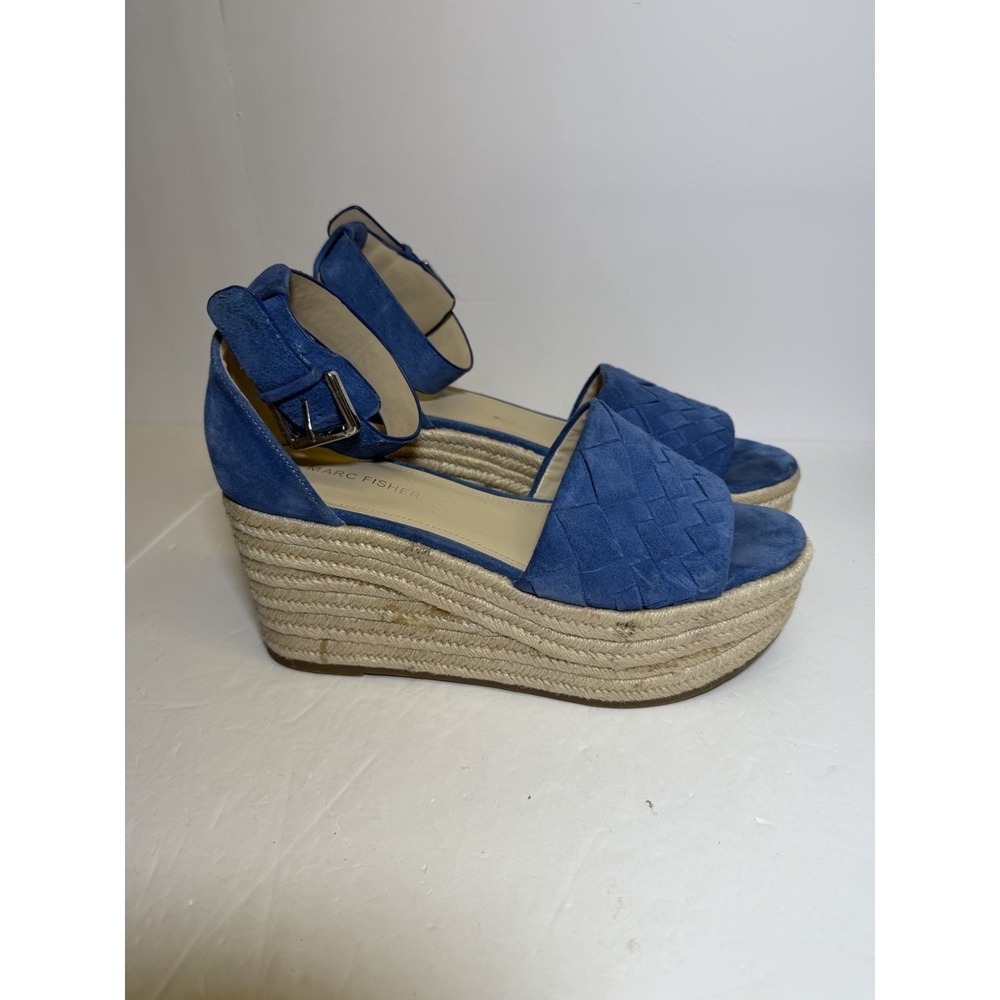 Marc Fischer Blue Suede Espadrille Wedge Sandal Ankle Strap Size 9